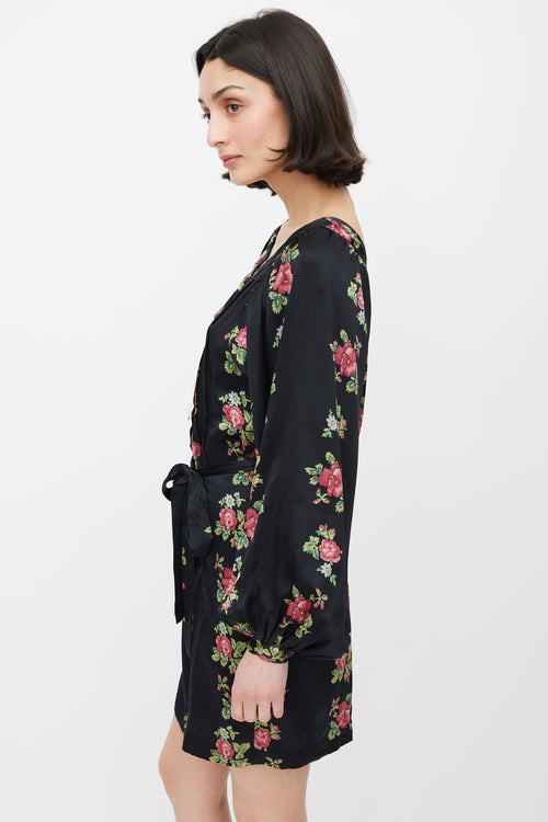 Horses Atelier Black & Multicolour Floral Silk Tie Waist Dress