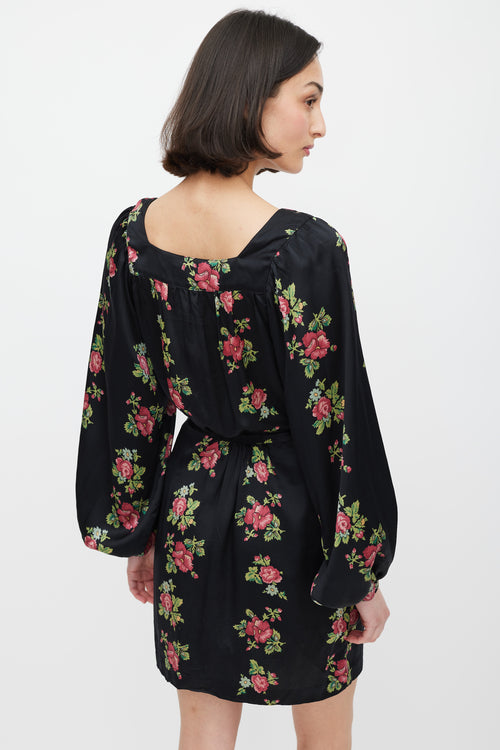 Horses Atelier Black & Multicolour Floral Silk Tie Waist Dress