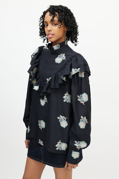 Horses Atelier Black & Multicolour Floral Silk Top