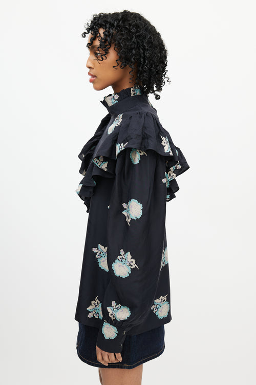 Horses Atelier Black & Multicolour Floral Silk Top