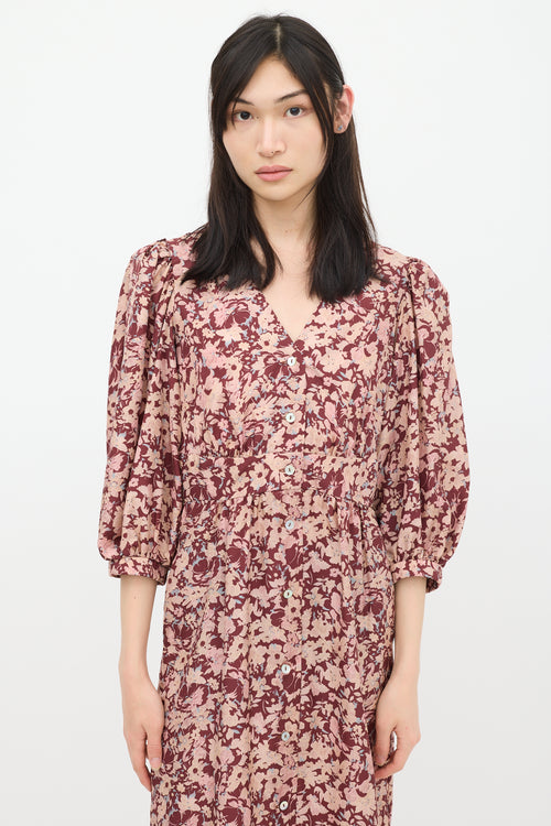 Horses Atelier Burgundy & Pink Silk Floral Dress