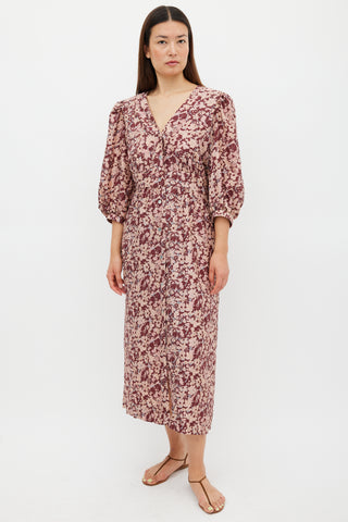 Horses Atelier Burgundy & Pink Silk Floral Paz Dress
