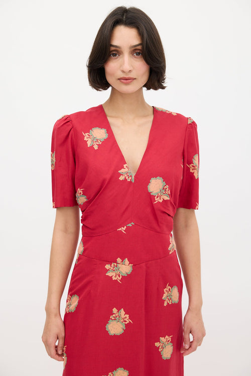 Horses Atelier Red & Multi Silk Floral Obi Puff Dress