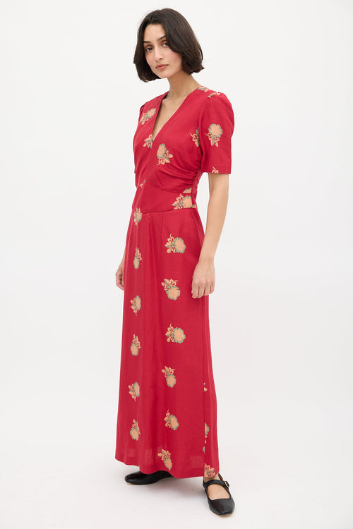 Horses Atelier Red & Multi Silk Floral Obi Puff Dress
