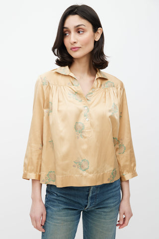 Horses Atelier Brown & Green Silk Blend Floral Printed Top