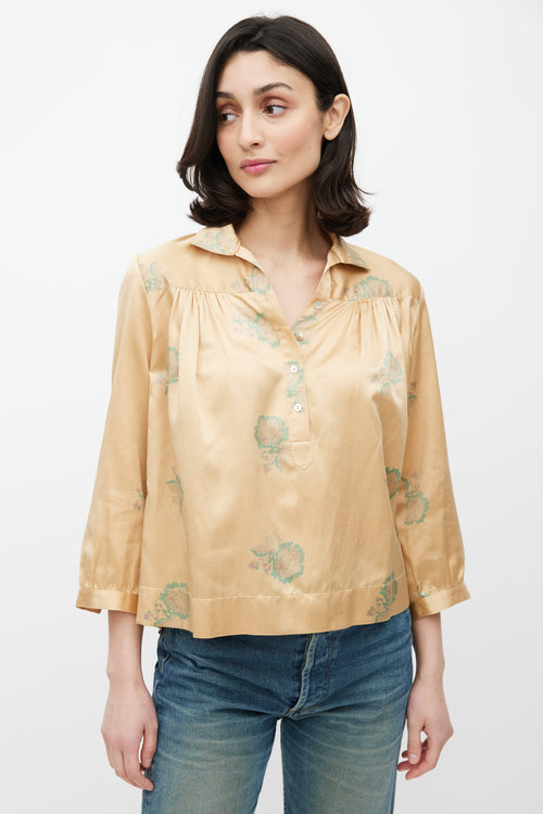 Horses Atelier Brown & Green Silk Blend Floral Printed Top