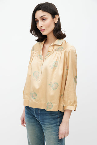 Horses Atelier Brown & Green Silk Blend Floral Printed Top