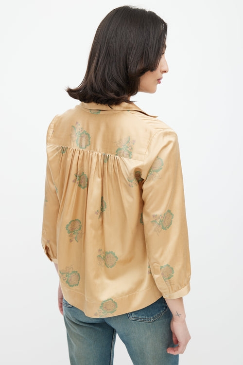 Horses Atelier Brown & Green Silk Blend Floral Printed Top