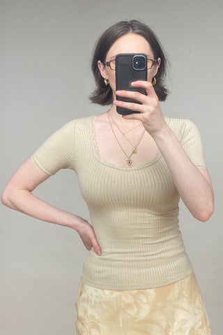 Beige Lace Trimmed Ribbed Top