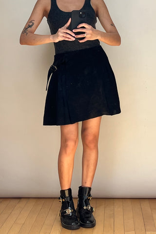 Black Textured Satin Pleated Wrap Skirt