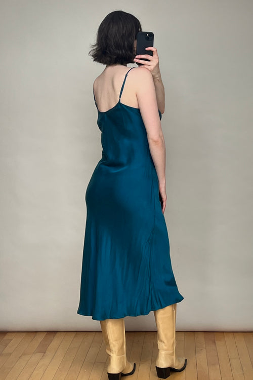 Blue Silk V-Neck Midi Dress