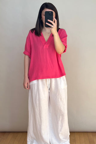 Pink Cotton Cuffed Short Sleeve Top