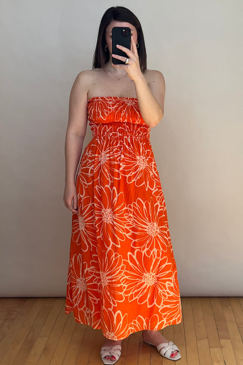 Orange & White Floral Smocked Midi Dress
