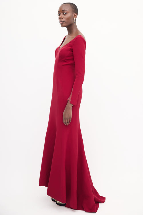 Ines Di Santo Red Long Sleeve Lace Panel Gown