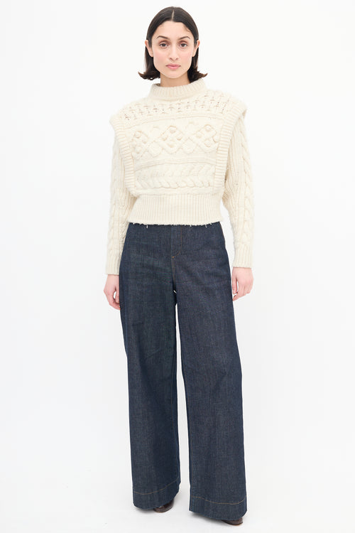 Isabel Marant Cream Wool Cable Knit Pom Pom Sweater