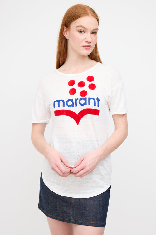 Isabel Marant Étoile White & Multi Linen Logo T-Shirt