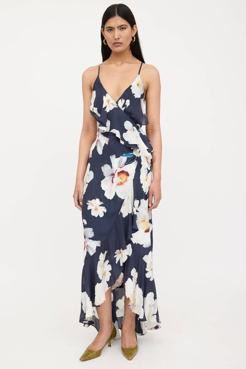 Silk Floral Ruffled Wrap Dress