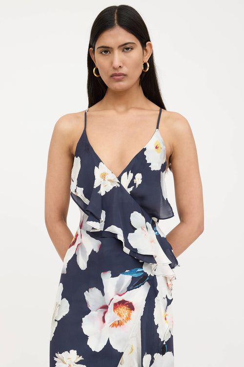Silk Floral Ruffled Wrap Dress