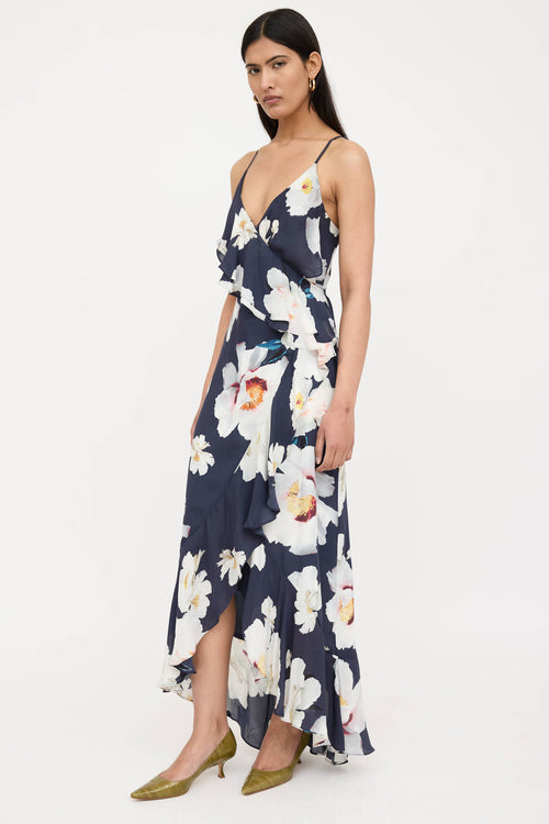 Silk Floral Ruffled Wrap Dress
