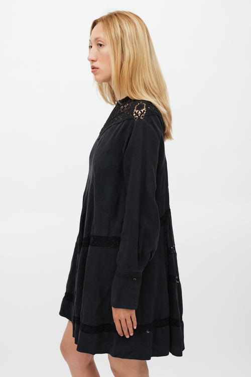 Isabel Marant Black Linen & Floral Lace Panelled Dress