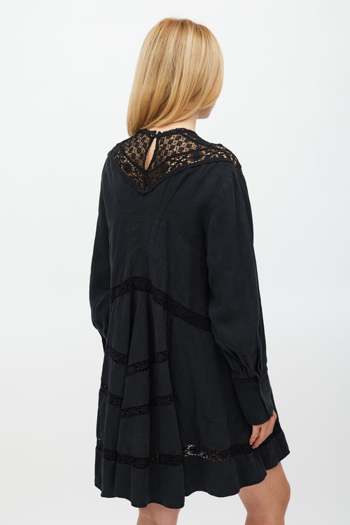 Isabel Marant Black Linen & Floral Lace Panelled Dress