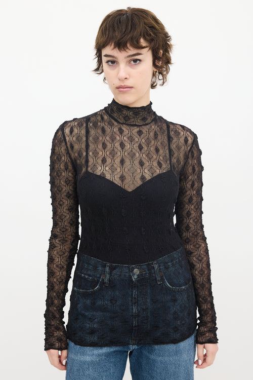 Isabel Marant Black Puckered Mesh Mock Neck Top