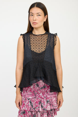 Isabel Marant Black Silk Floral Embroidered Ruffled Top