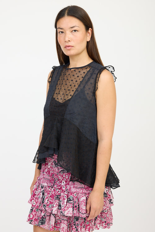Isabel Marant Black Silk Floral Embroidered Ruffled Top