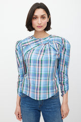 Isabel Marant Blue & Multicolour Plaid Gathered Top