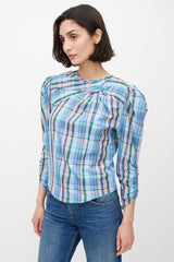 Isabel Marant Blue & Multicolour Plaid Gathered Top