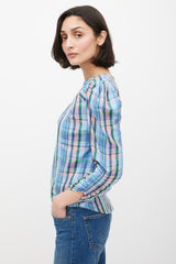 Isabel Marant Blue & Multicolour Plaid Gathered Top