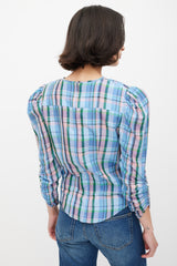 Isabel Marant Blue & Multicolour Plaid Gathered Top