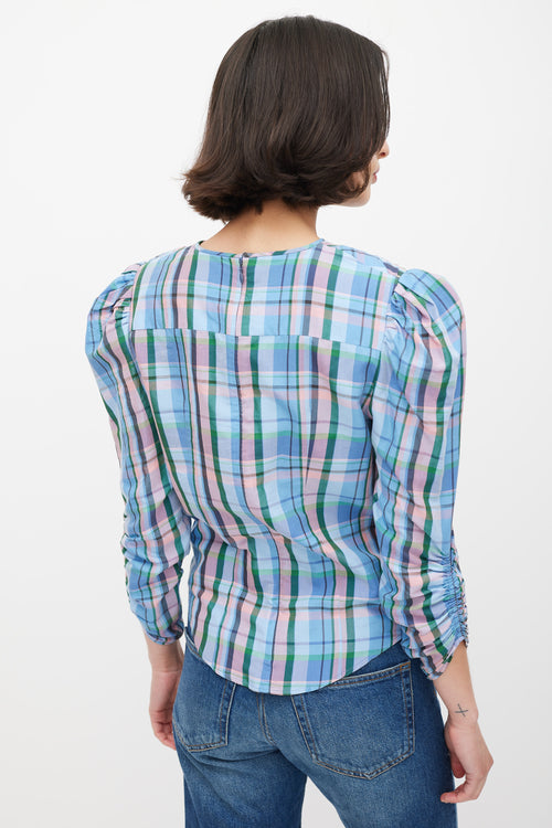 Isabel Marant Blue & Multicolour Plaid Gathered Top