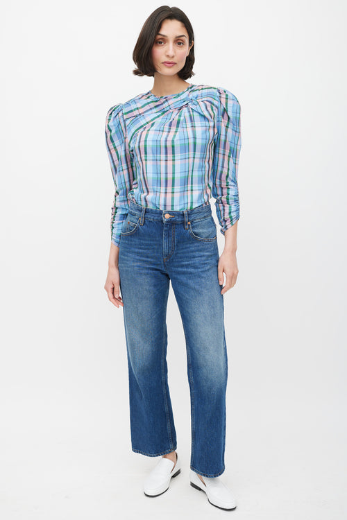 Isabel Marant Blue & Multicolour Plaid Gathered Top