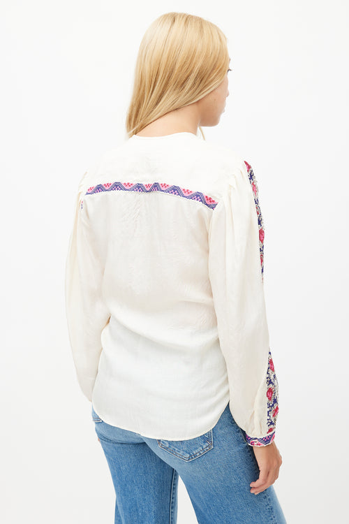Isabel Marant Cream & Multicolour Silk Embroidered Top