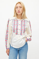 Isabel Marant Cream & Multicolour Silk Embroidered Top