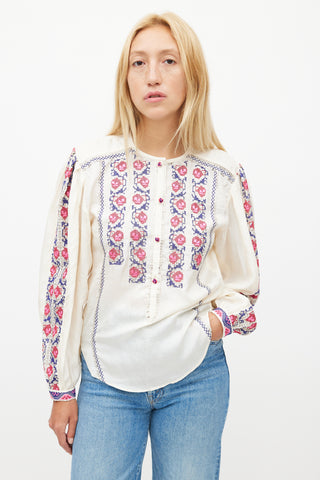 Isabel Marant Cream & Multicolour Silk Embroidered Top