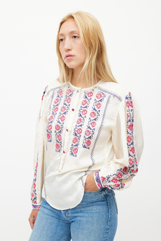 Isabel Marant Cream & Multicolour Silk Embroidered Top