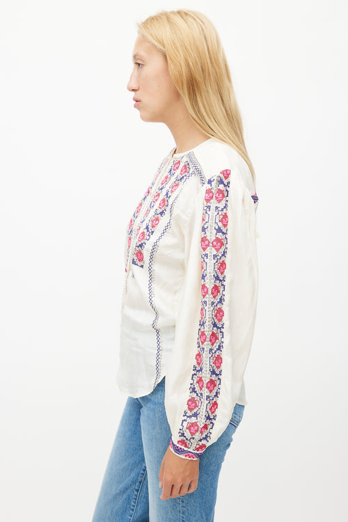 Isabel Marant Cream & Multicolour Silk Embroidered Top