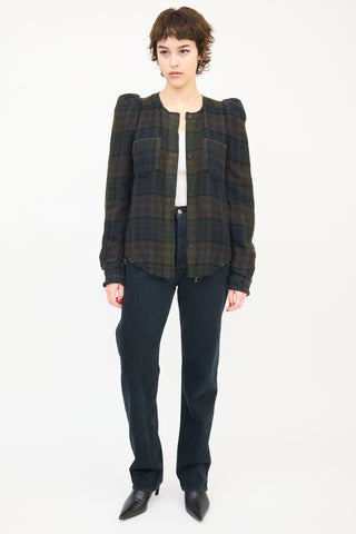 Isabel Marant Dark Green Linen & Wool Puff Sleeve Plaid Shirt