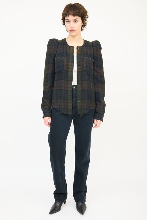 Isabel Marant Dark Green Linen & Wool Puff Sleeve Plaid Shirt