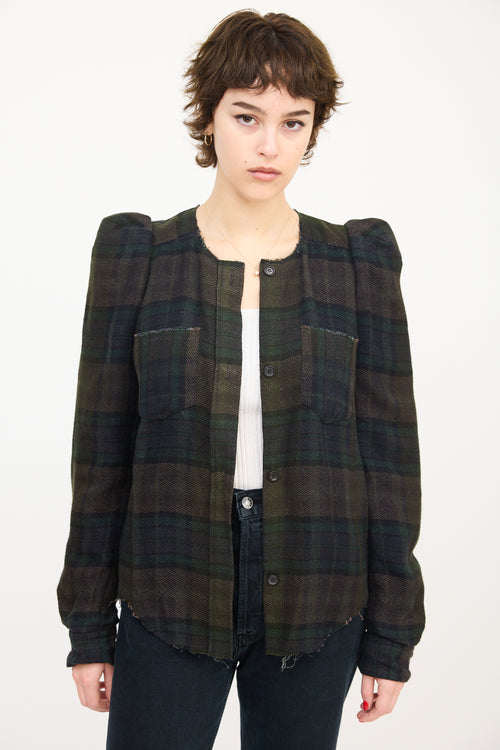 Isabel Marant Dark Green Linen & Wool Puff Sleeve Plaid Shirt