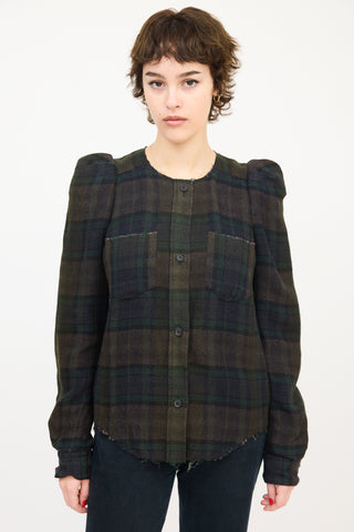 Isabel Marant Dark Green Linen & Wool Puff Sleeve Plaid Shirt