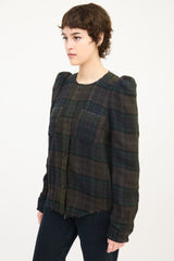 Isabel Marant Dark Green Linen & Wool Puff Sleeve Plaid Shirt