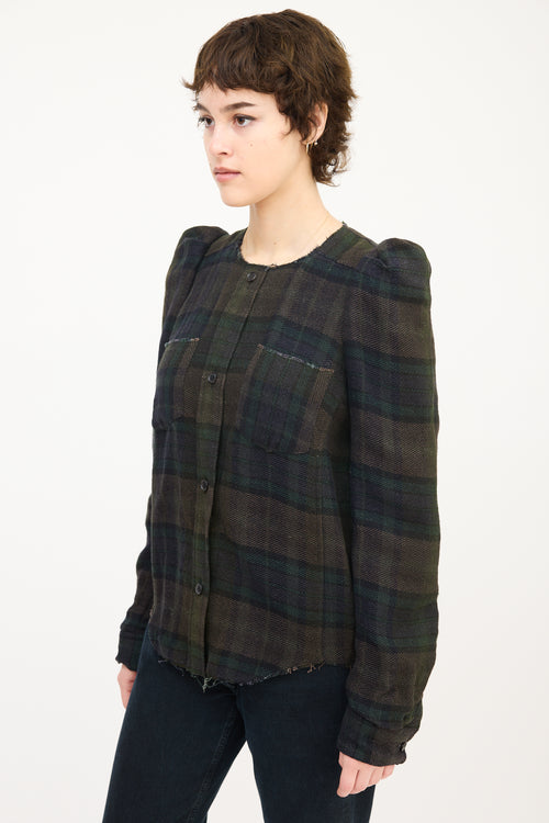 Isabel Marant Dark Green Linen & Wool Puff Sleeve Plaid Shirt