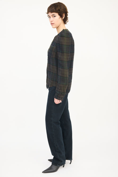 Isabel Marant Dark Green Linen & Wool Puff Sleeve Plaid Shirt