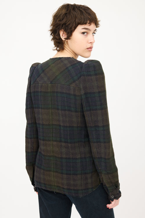 Isabel Marant Dark Green Linen & Wool Puff Sleeve Plaid Shirt