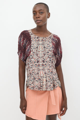 Isabel Marant Étoile Beige & Burgundy Silk Floral Contrast Sleeve Top