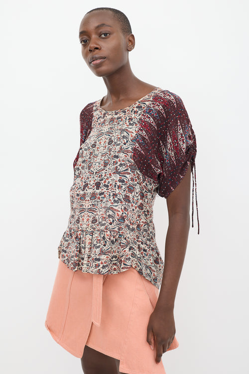 Isabel Marant Étoile Beige & Burgundy Silk Floral Contrast Sleeve Top