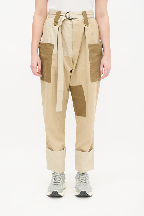 Beige Panelled Cropped Trouser